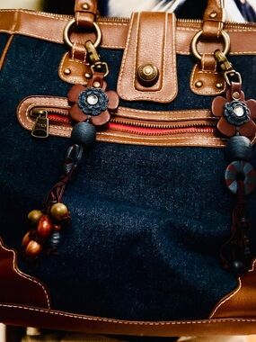 GAP Denim Satchel with Brown Leather Trim & Floral Charms